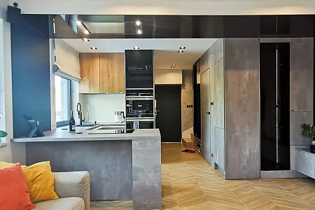 Kompleksowa zabudowa kuchni i salonu - kolor Beton + Naturalny Dąb antyczny